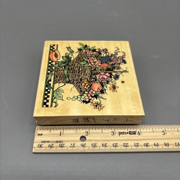 Sandi Gore Evans Wood Rubber Stamp Peach Basket Flowers Bird Fruit 1997 Uptown - Picture 7 of 7